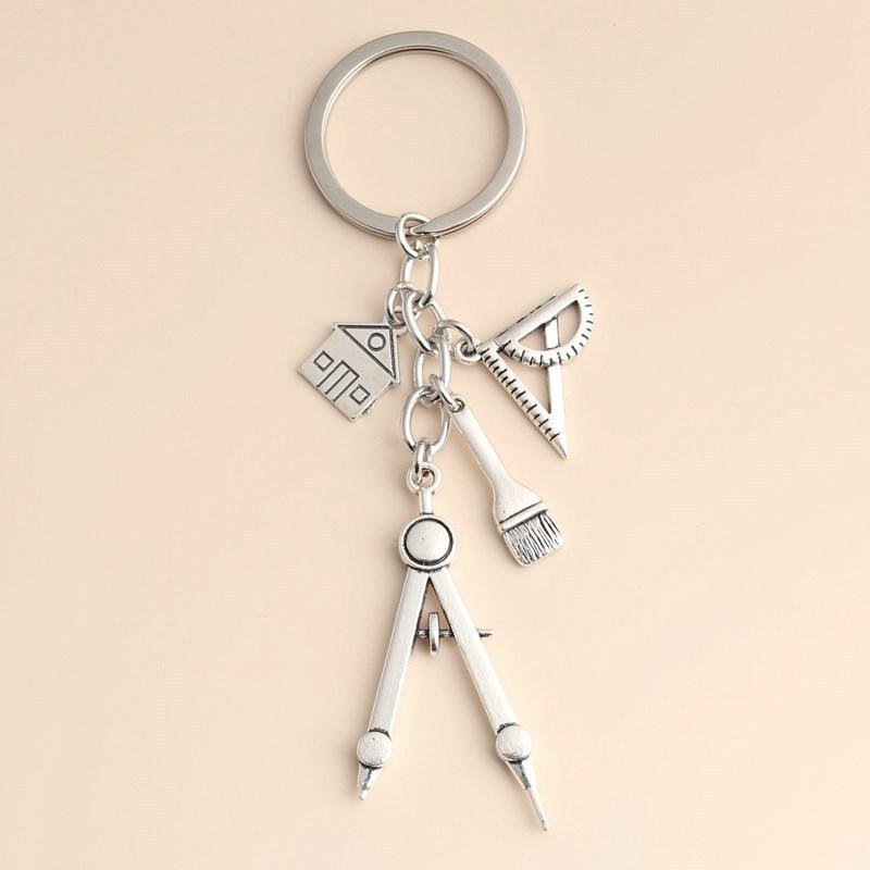 Compass Keychain Mini - Multifunktionaler silberner Schlüsselanhänger, dreieckiges Lineal, Malkompass,